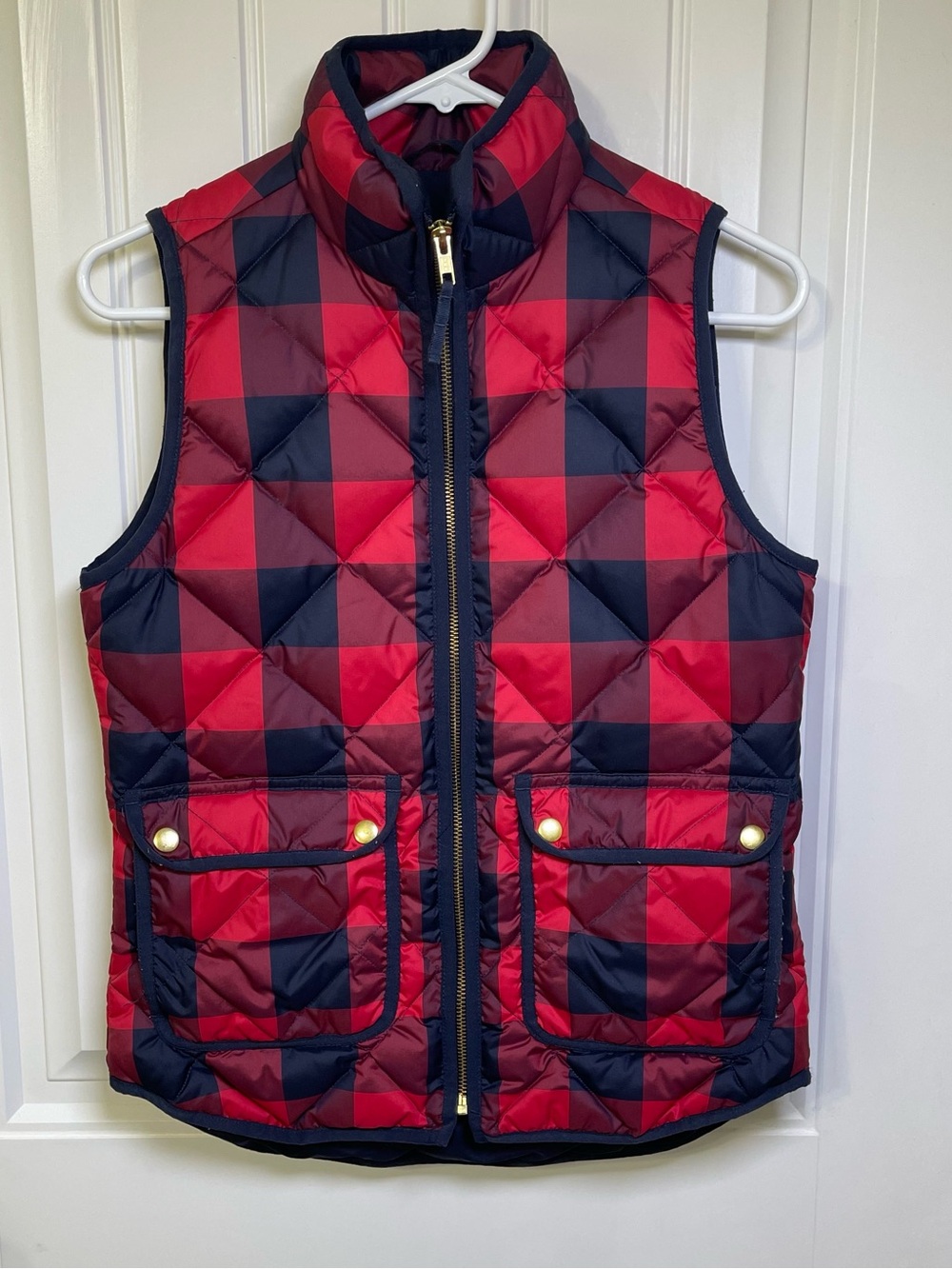 J.Crew Excursion Down Puffer Vest Women XXS Red Navy Blue Buffalo Plaid Quilted